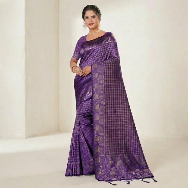 Purple_Banarasi_Silk_Golden_Zari_Check_Pattern_Saree_For_Women