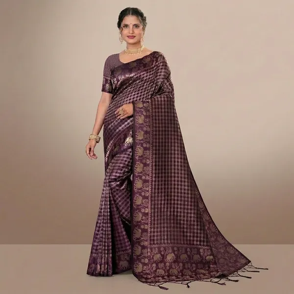 Brown_Silk_Checkered_Zari_Golden_Border_Saree_For_Women