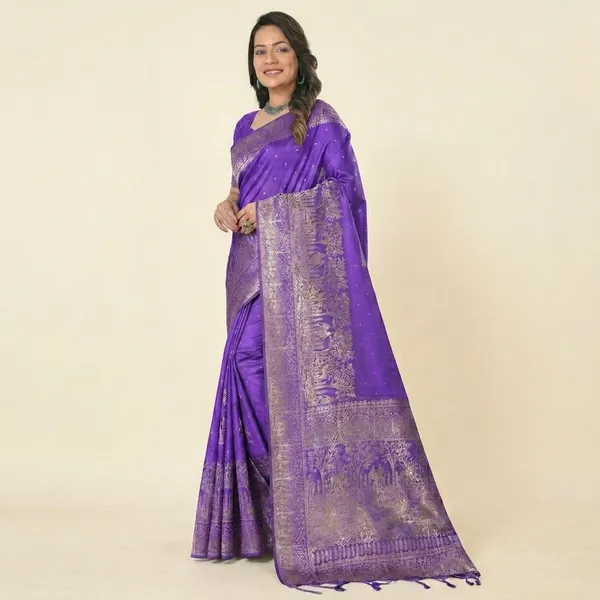 Violet_Banarasi_Silk_Golden_Zari_Woven_Saree_For_Women