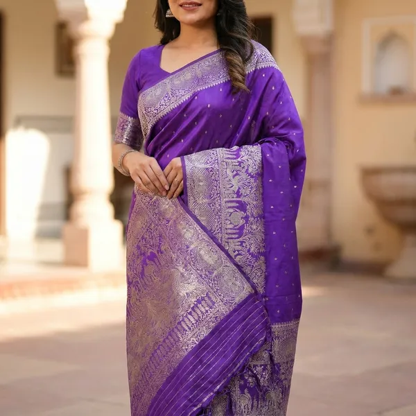 Violet_Banarasi_Silk_Golden_Zari_Woven_Saree_For_Women