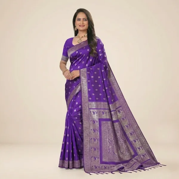 Violet_Banarasi_Silk_Golden_Zari_Buti_Woven_Saree_For_Women