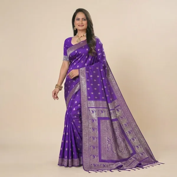 Violet_Banarasi_Silk_Golden_Zari_Buti_Woven_Saree_For_Women