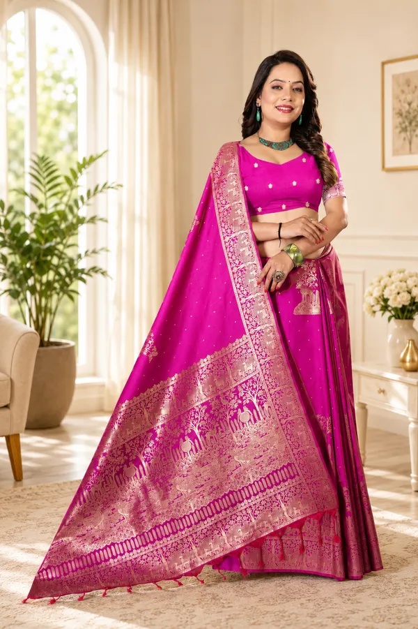 Pink_Banarasi_Silk_Golden_Zari_Woven_Lehenga_Choli_For_Women