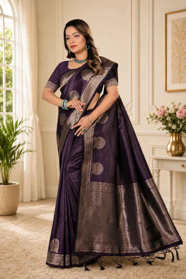 Brown_Banarasi_Silk_Golden_Zari_Woven_Saree_For_Women