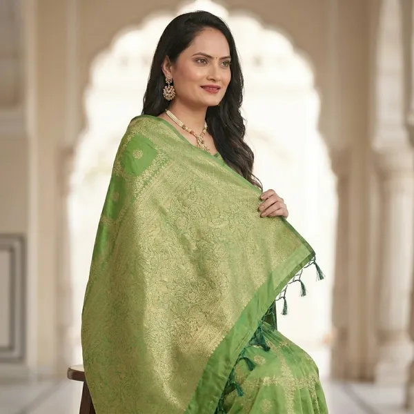 Green_Banarasi_Silk_Zari_Woven_Saree_With_Golden_Border_For_Women