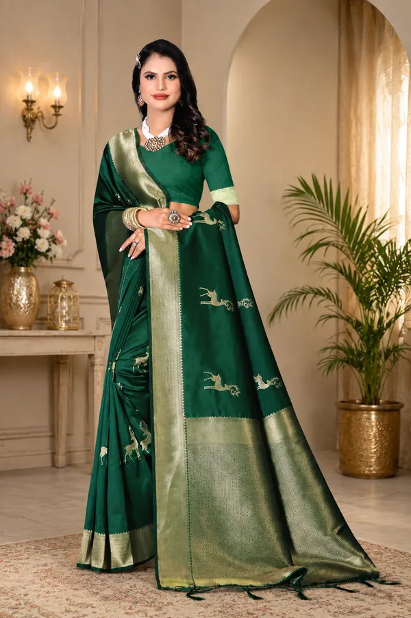 Green_Banarasi_Silk_Zari_Peacock_Floral_Border_Saree_For_Women