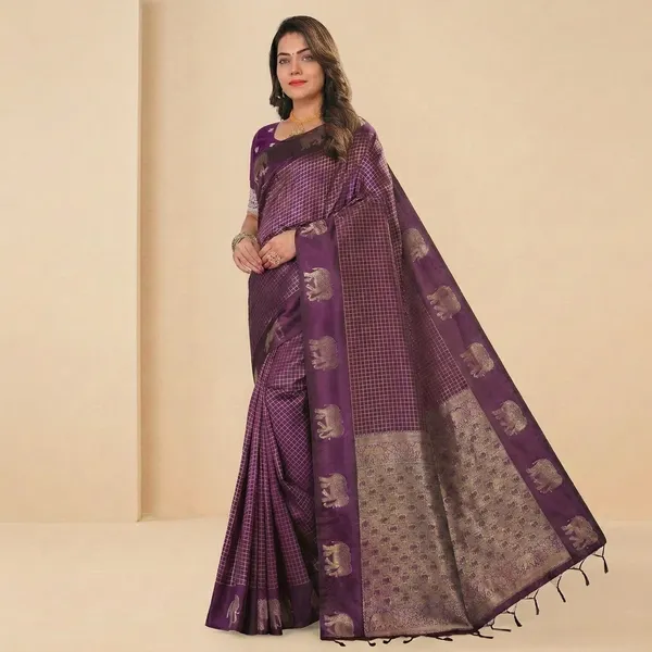 Maroon_Silk_Checkered_Zari_Woven_Saree_For_Women