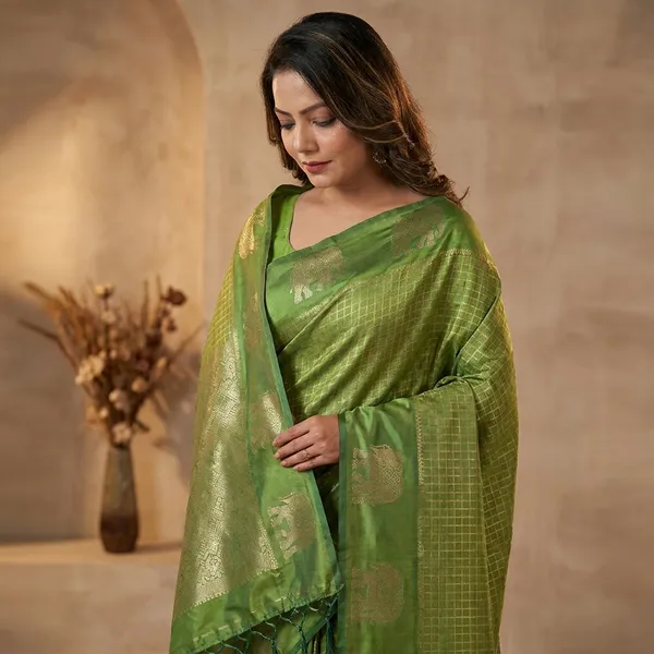Green_Banarasi_Silk_Golden_Zari_Check_Woven_Saree_For_Women