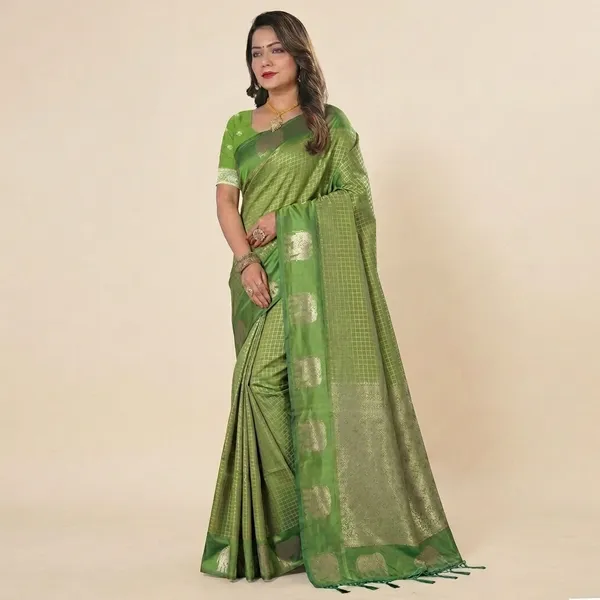 Green_Banarasi_Silk_Golden_Zari_Check_Woven_Saree_For_Women