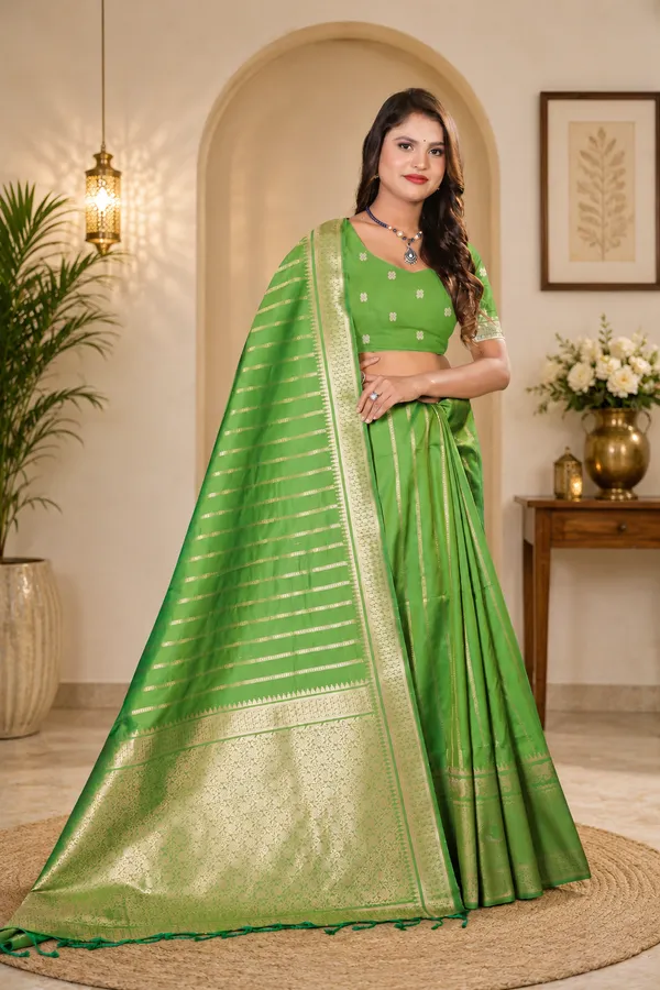 Green_Banarasi_Silk_Golden_Zari_Border_Saree_For_Women