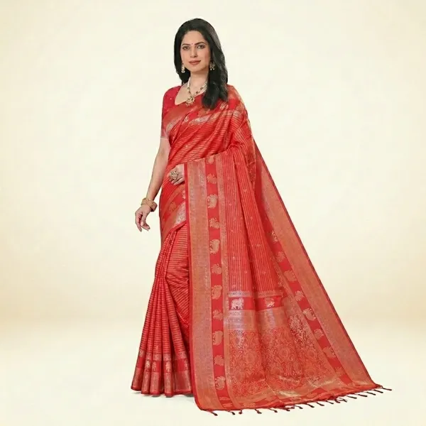 Red_Silk_Striped_Golden_Zari_Border_Saree_For_Women