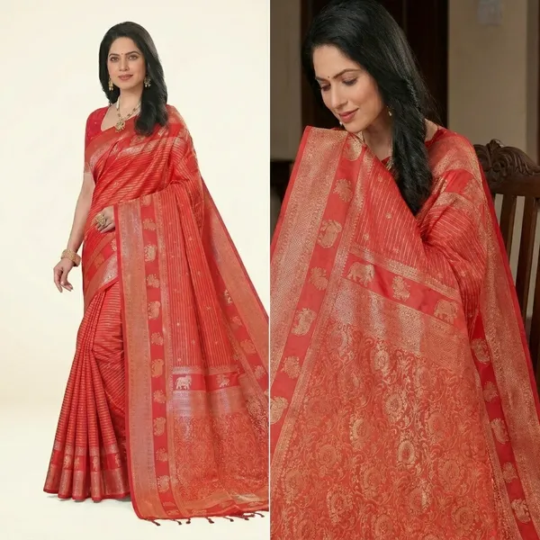Red_Silk_Striped_Golden_Zari_Border_Saree_For_Women