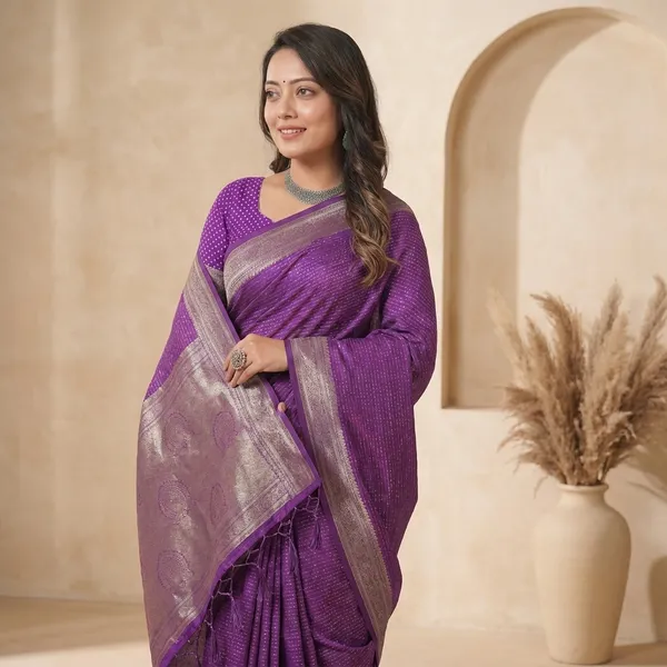 Purple_Banarasi_Silk_Brocade_Saree_With_Silver_Zari_Border_For_Women