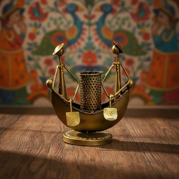 Golden_Metal_Handcrafted_2_Man_Ship_Pen_Holder_Stand_Antique_Miniature_Decorative_Showpiece