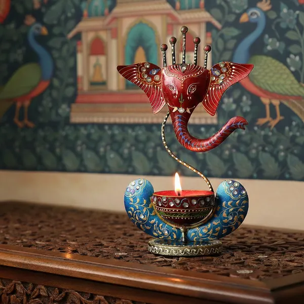 Blue_And_Red_Handcrafted_Metal_Ganesha_Tea_Light_Holder_For_Home_Decoration_And_Gift