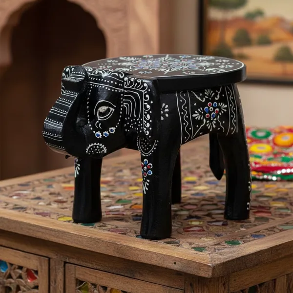 Black_And_White_Wooden_Elephant_Stool_Design_For_Home_Decor_And_Gifts_Decorative_Showpiece