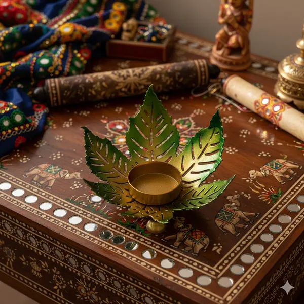 Yellow_And_Green_Handcrafted_Metal_Leaf_Tea_Light_Holder_For_Home_Decoration_And_Gift