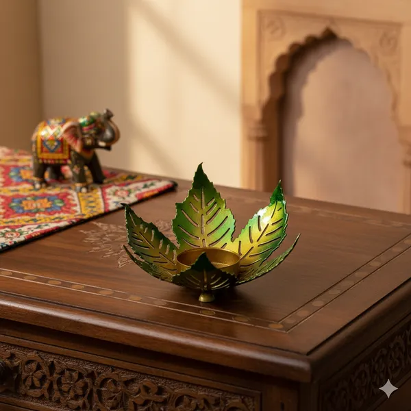 Yellow_And_Green_Handcrafted_Metal_Leaf_Tea_Light_Holder_For_Home_Decoration_And_Gift