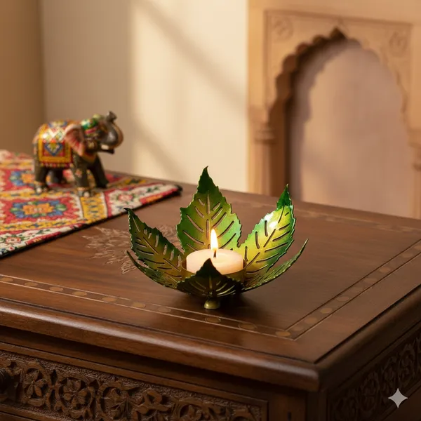 Yellow_And_Green_Handcrafted_Metal_Leaf_Tea_Light_Holder_For_Home_Decoration_And_Gift