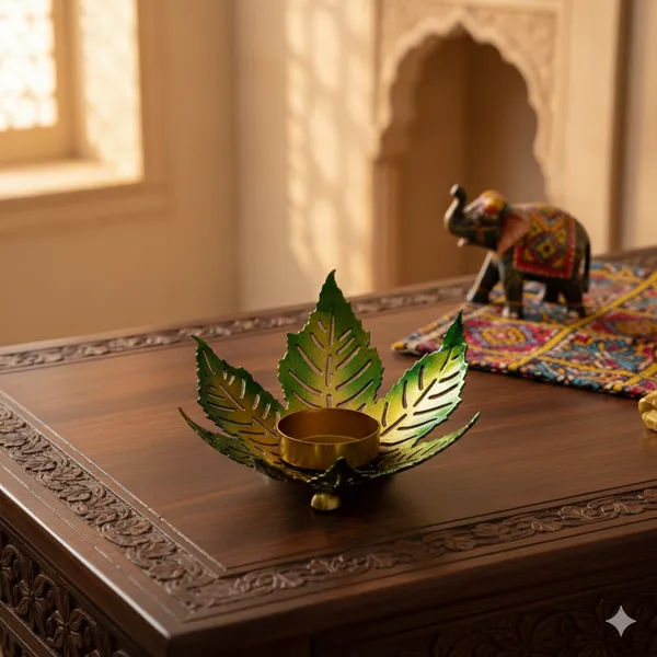 Yellow_And_Green_Handcrafted_Metal_Leaf_Tea_Light_Holder_For_Home_Decoration_And_Gift