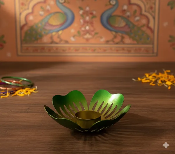 Green_And_Yellow_Handcrafted_Metal_Leaf_Tea_Light_Holder_For_Home_Decoration_And_Gift