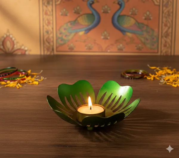 Green_And_Yellow_Handcrafted_Metal_Leaf_Tea_Light_Holder_For_Home_Decoration_And_Gift