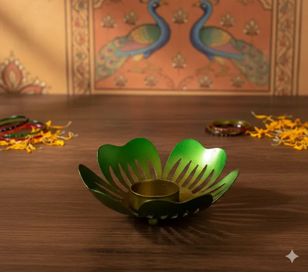 Green_And_Yellow_Handcrafted_Metal_Leaf_Tea_Light_Holder_For_Home_Decoration_And_Gift