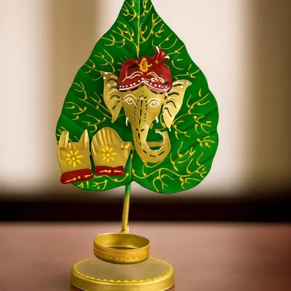 Gold_And_Green_Metal_Ganesha_Leaf_Tealight_Holder