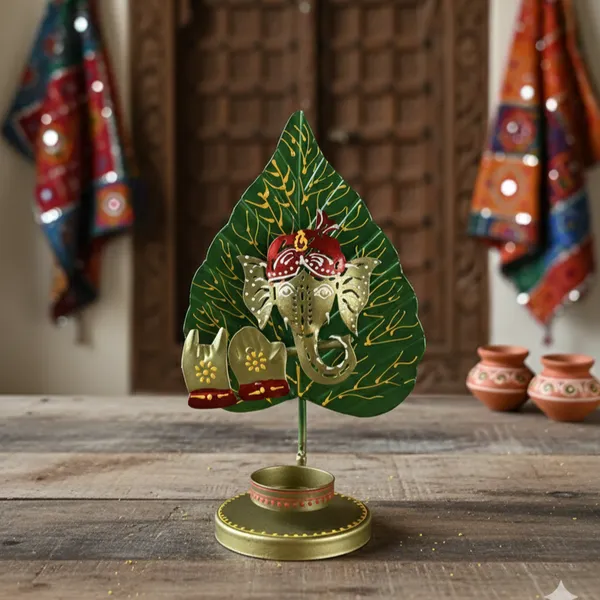 Gold_And_Green_Metal_Ganesha_Leaf_Tealight_Holder
