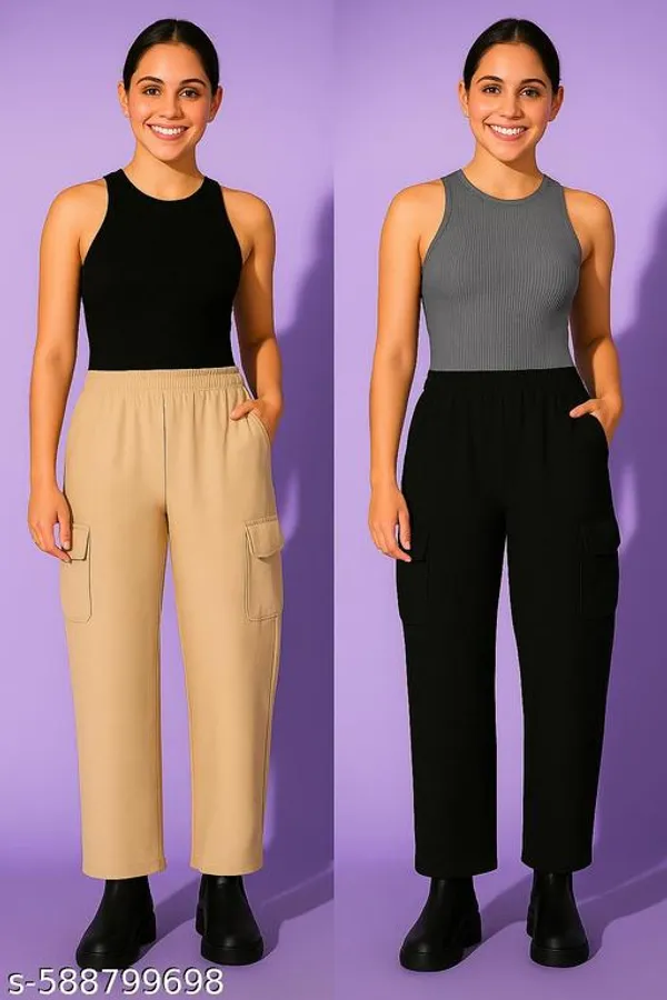 Beige_Scuba_Cargo_Pants_Set_For_Women