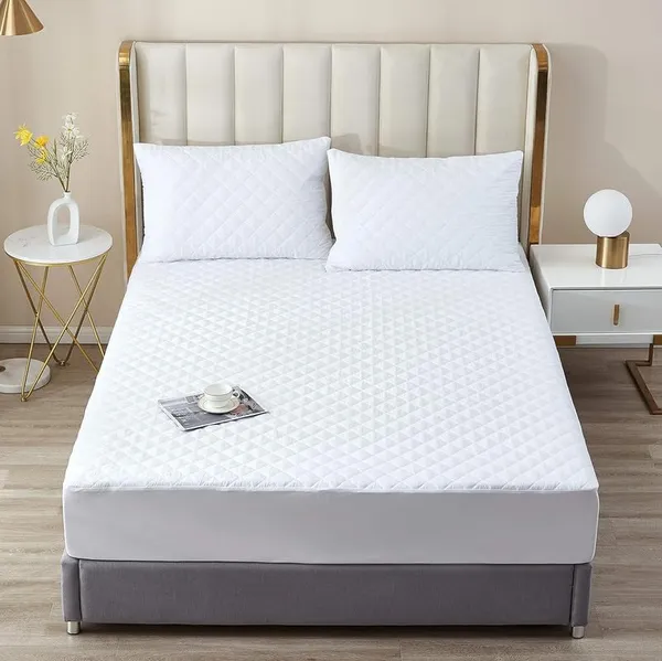 White_Cotton_Quilted_100%_Waterproof_Mattress_Protector_With_Waterproof_Backing_,Breathable_Hypoallergenic_Noiseless_Ultra_Soft_Fitted_Bed_Protector