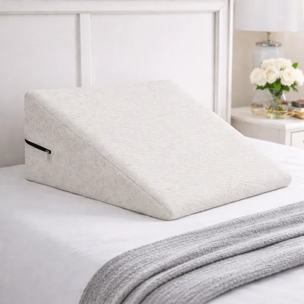White_And_Cream_Wedge_Pillow_With_High_Density_Memory_Foam_&_Knitted_Cotton_Breathable_Removable_Cover_For_Back_Support,_Acid_Reflux_Relief,_GERD_Support,_Leg_Elevation_
