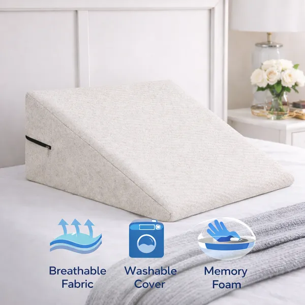 White_And_Cream_Wedge_Pillow_With_High_Density_Memory_Foam_&_Knitted_Cotton_Breathable_Removable_Cover_For_Back_Support,_Acid_Reflux_Relief,_GERD_Support,_Leg_Elevation_