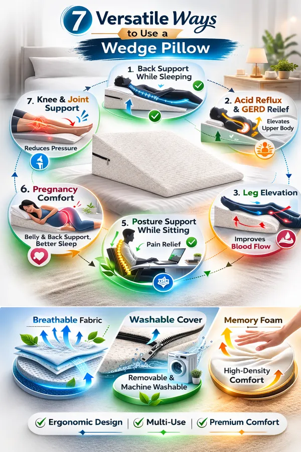 White_And_Cream_Wedge_Pillow_With_High_Density_Memory_Foam_&_Knitted_Cotton_Breathable_Removable_Cover_For_Back_Support,_Acid_Reflux_Relief,_GERD_Support,_Leg_Elevation_