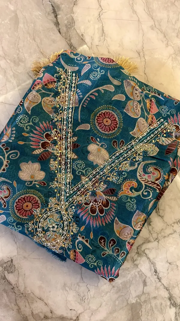 Teal_Green_Tussar_Silk_Hand_Embroidered_Unstitched_Women_Suit_For_Women