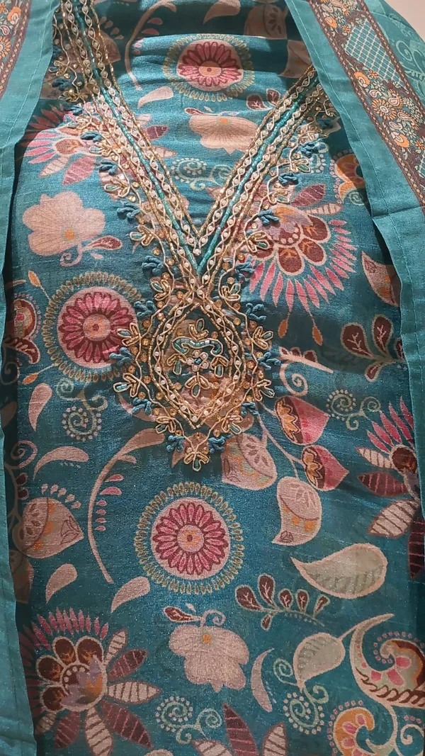 Teal_Green_Tussar_Silk_Hand_Embroidered_Unstitched_Women_Suit_For_Women