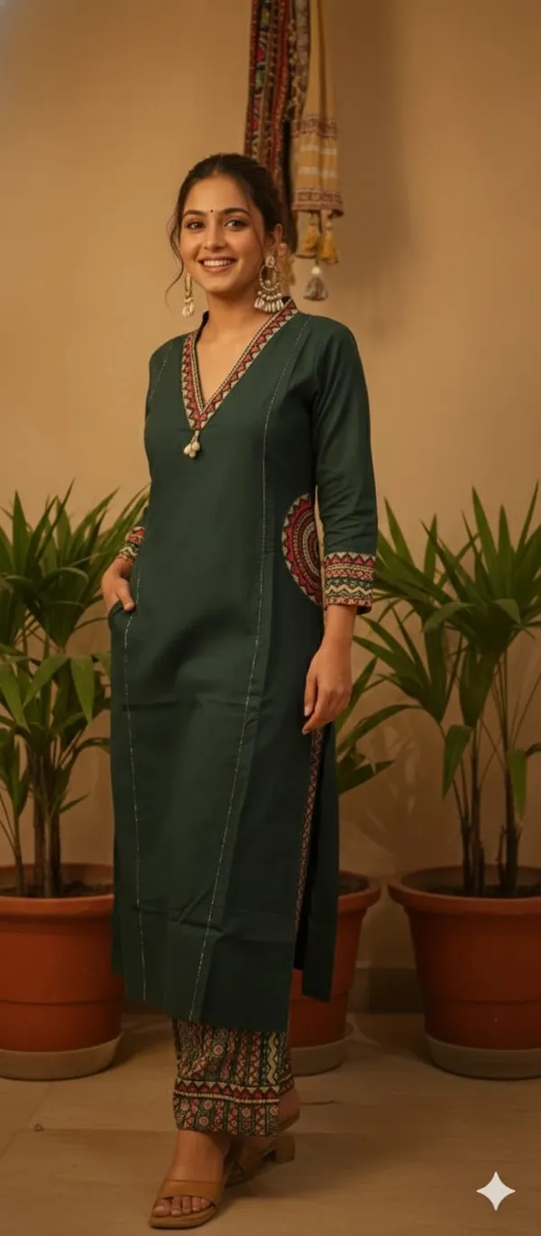 Dark_Green_Pure_Cotton_Embroidered_Stitched_Kurta_Set_For_Women