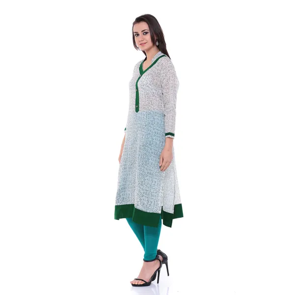 White_And_Green_Block_Printed_Cotton_Chanderi_Kurti