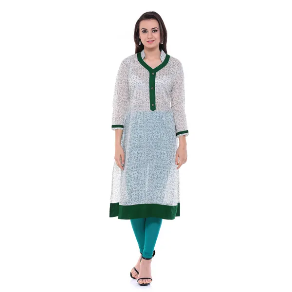 White_And_Green_Block_Printed_Cotton_Chanderi_Kurti