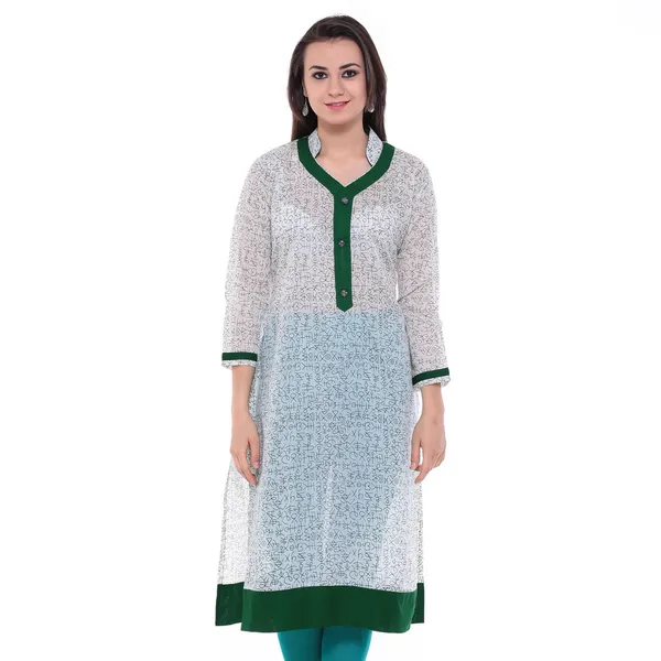 White_And_Green_Block_Printed_Cotton_Chanderi_Kurti