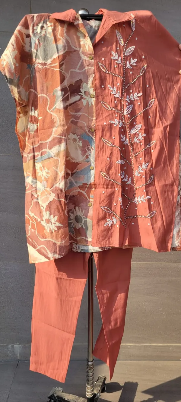 Rust_Brown_Short_Kaftan_Style_Embroidered_&_Digital_Print_Co-ord_Set