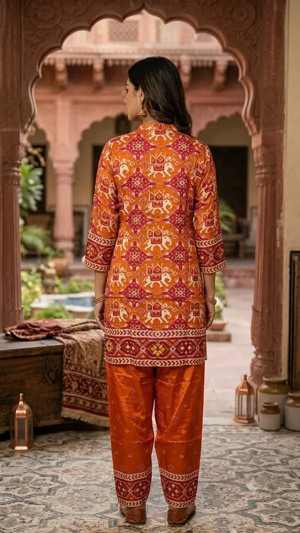 Rust_Orange_Patola_Elephant_Print_Crepe_Co-ord_Set