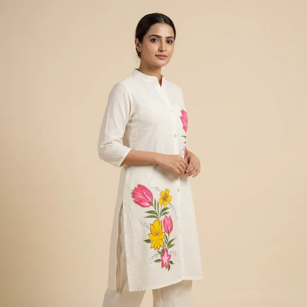 White_Vatican_Cotton_Silk_Hand_Painted_Co_Ord_Set_For_Women