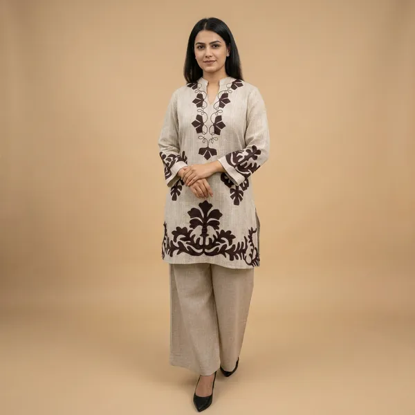 Beige_And_Brown_Khadi_Cotton_Co_Ord_Set_With_Applique_Detailing_For_Women