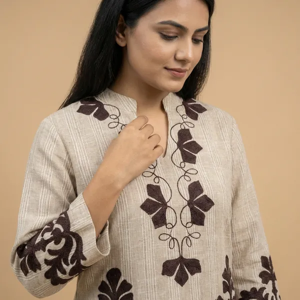 Beige_And_Brown_Khadi_Cotton_Co_Ord_Set_With_Applique_Detailing_For_Women