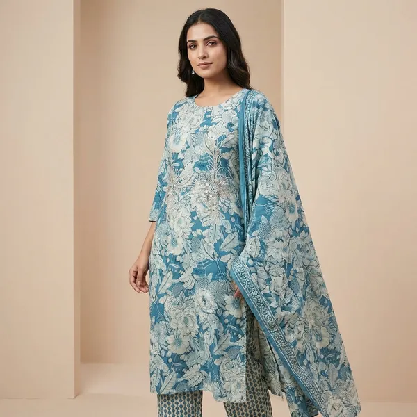 Teal_Blue_Pure_Cotton_Digital_Print_Kurta_Set_With_Gota_Work_For_Women