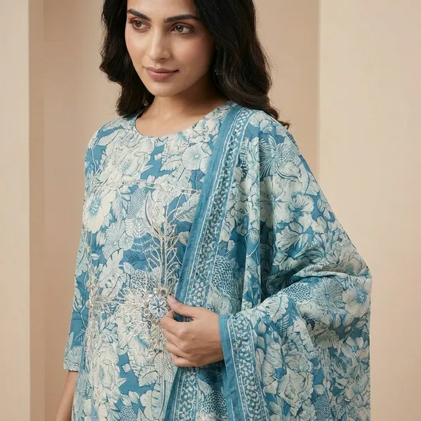 Teal_Blue_Pure_Cotton_Digital_Print_Kurta_Set_With_Gota_Work_For_Women