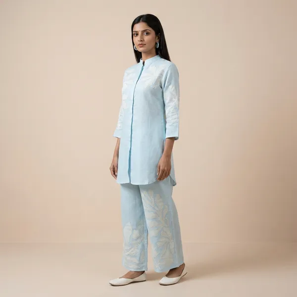 Powder_Blue_Linen_Co_Ord_Set_With_Applique_Detailing_For_Women