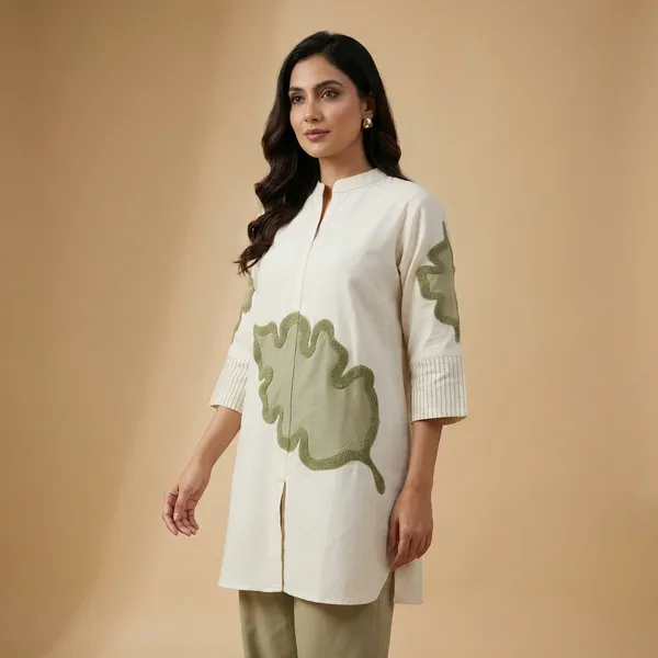 Beige_And_Olive_Linen_Co_Ord_Set_With_Applique_Detailing_For_Women