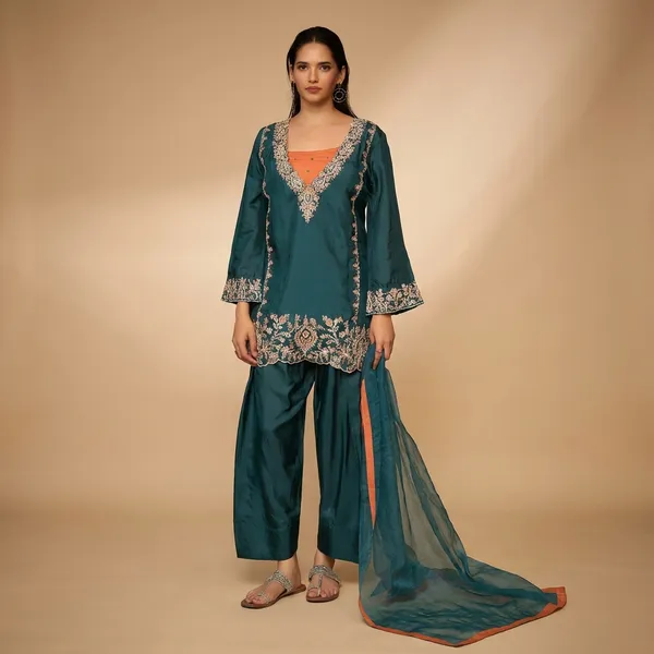 Teal_Blue_Russian_Silk_Organza_Dupatta_Embroidered_Kurta_Set_With_Bustier_For_Women